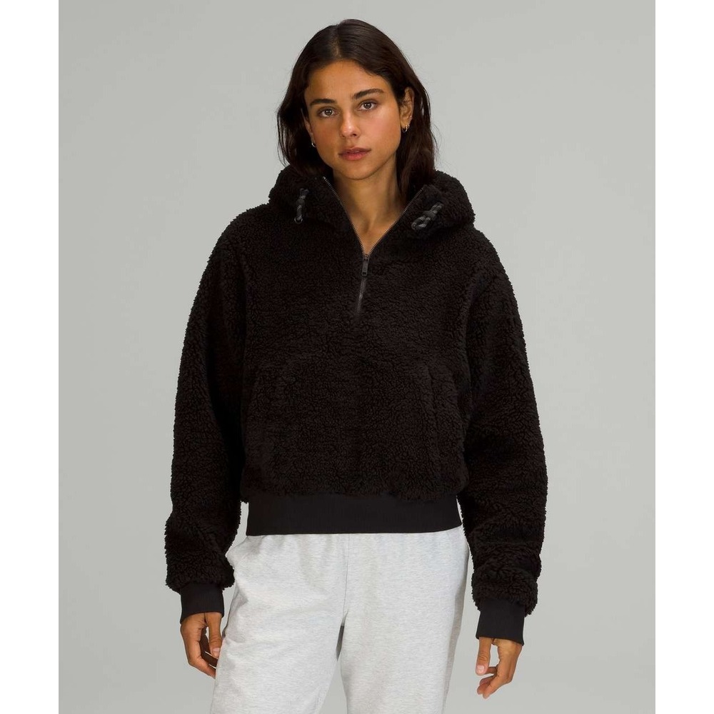 Lululemon Hoodie Women's 2 Black Plush Textured Fleece 1/2 Zip Pullover Relaxed